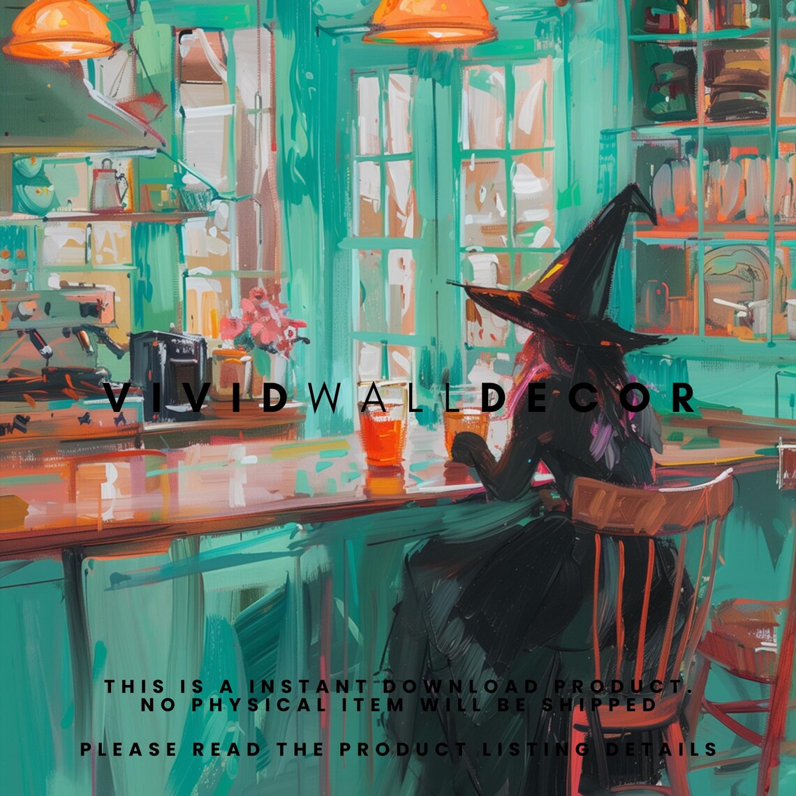 Witch Sipping Coffee At A Teal Cafe Counter Cozy Halloween Kitchen Art Poster - Image 2