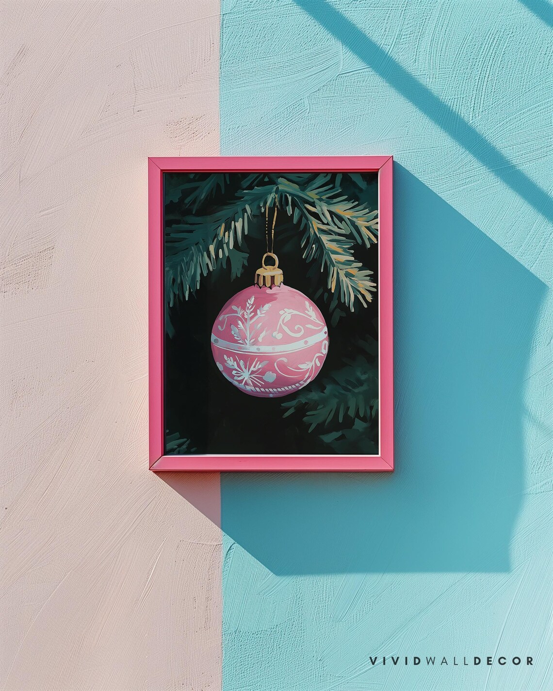 Pink Christmas Bauble Ornament Hanging On Pine Branch Poster - Image 2