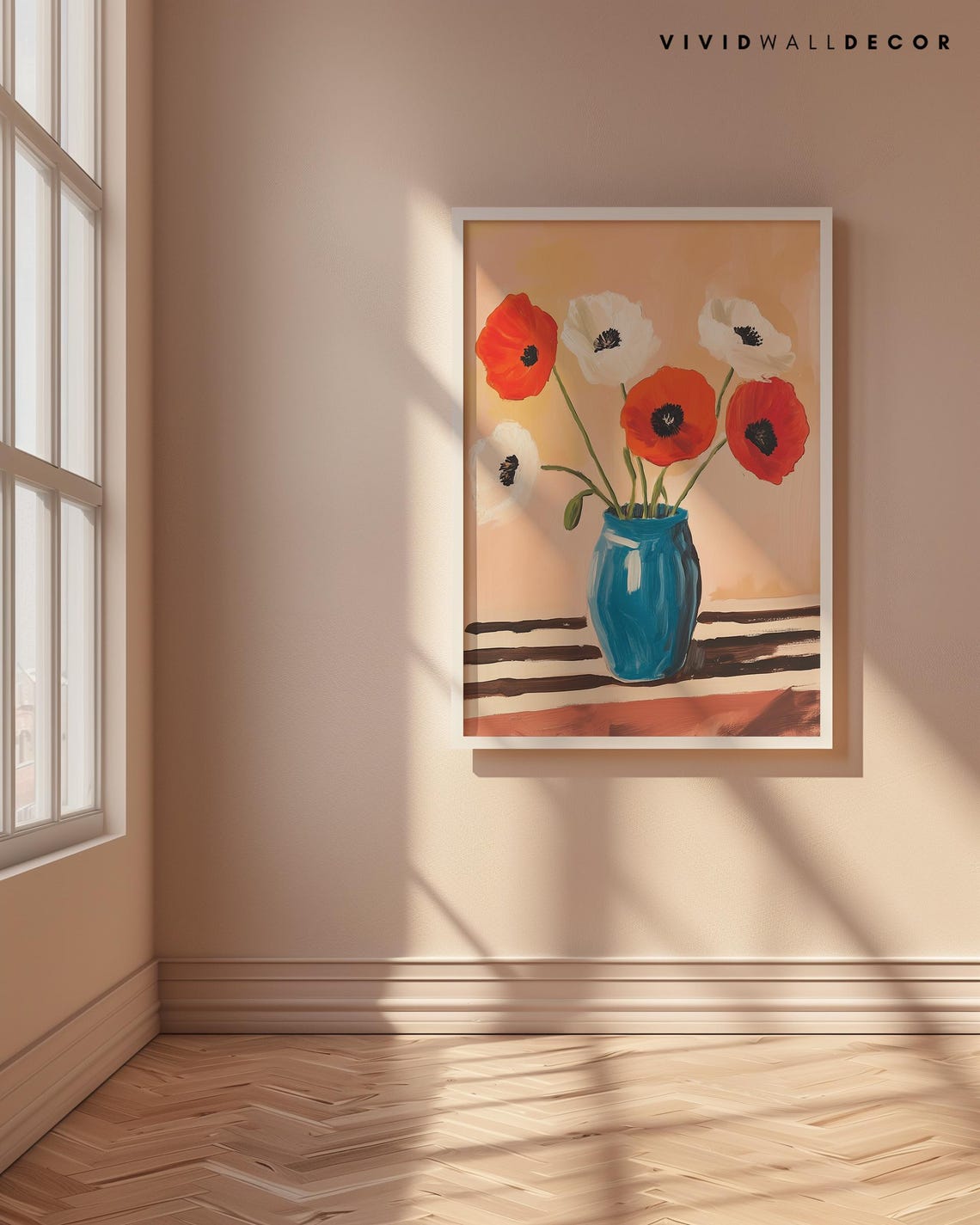 Red and White Poppies in Blue Vase Modern Botanical Art Poster - Image 4