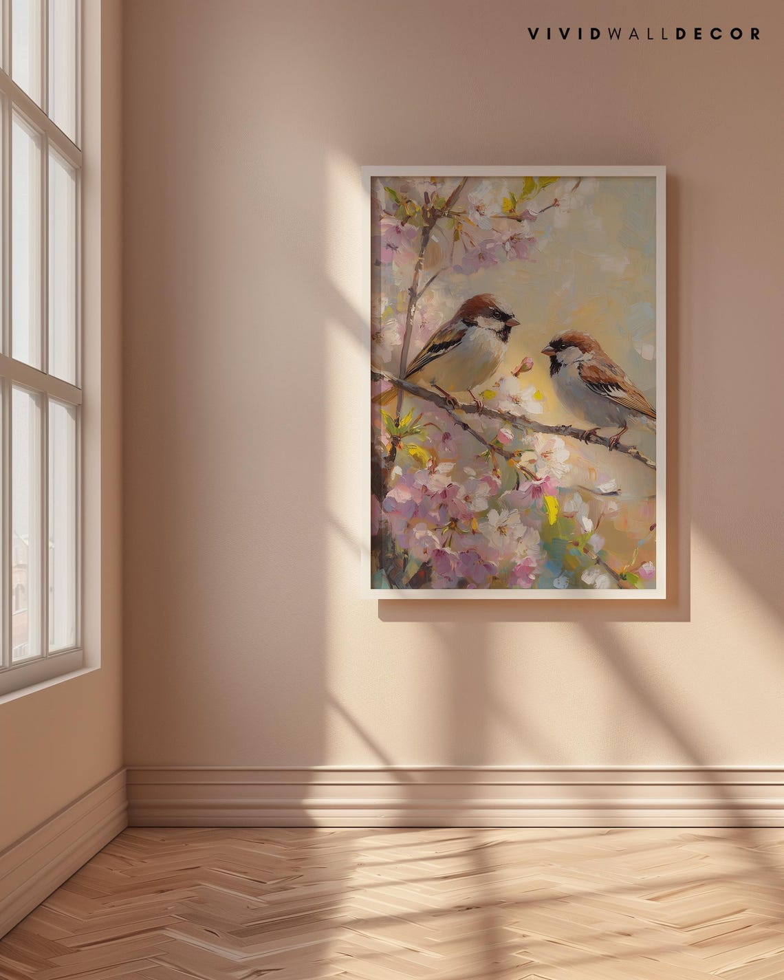 Two Sparrows on Cherry Blossom Branch Spring Bird Art Poster - Image 4