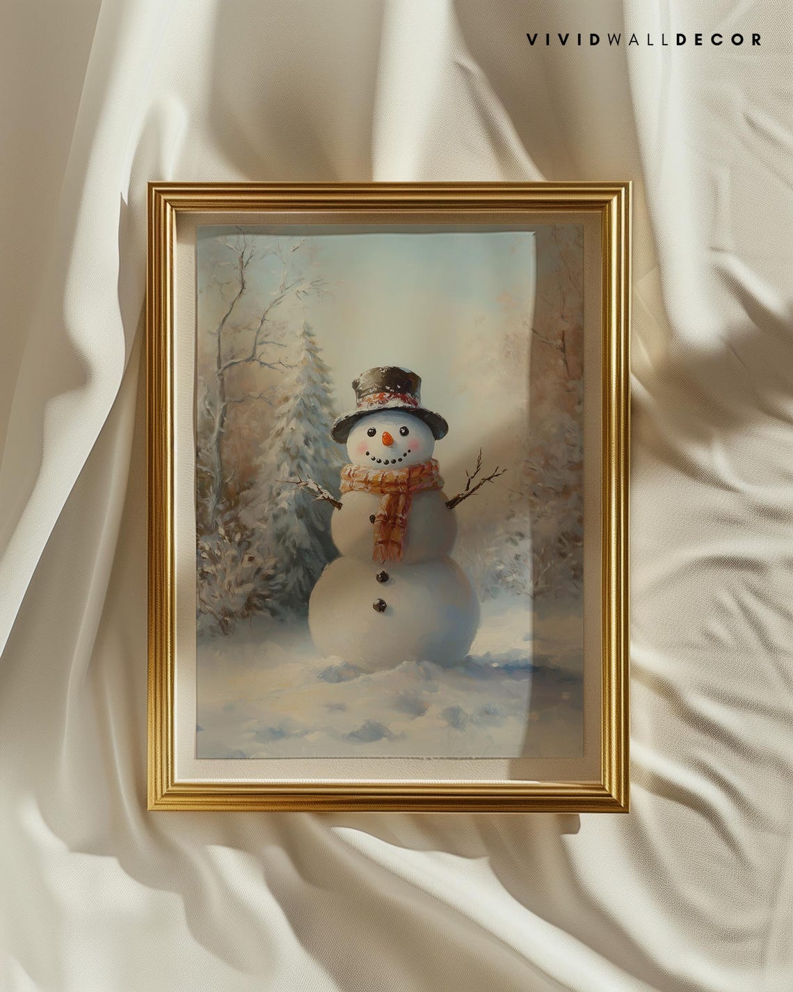 Smiling Snowman With Top Hat And Plaid Scarf In Forest Poster - Image 3