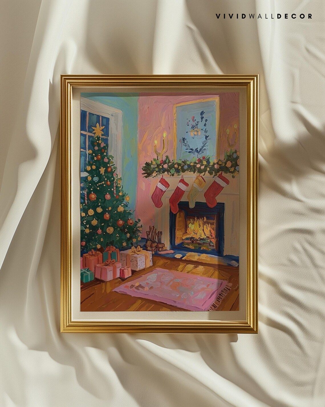 Cozy Christmas Living Room With Fireplace And Stockings Poster - Image 2