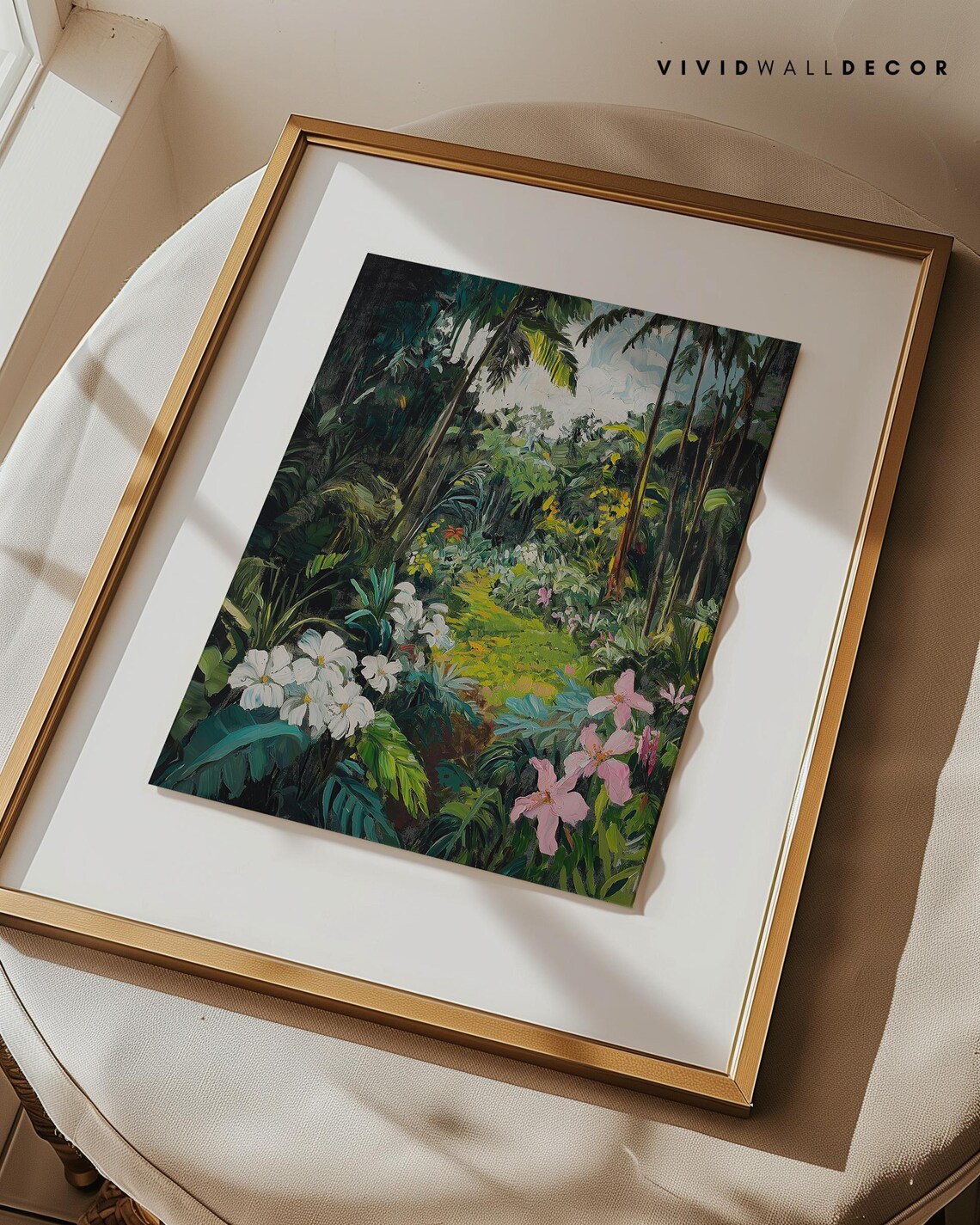 Lush Jungle Garden With White and Pink Tropical Flowers Poster - Image 2