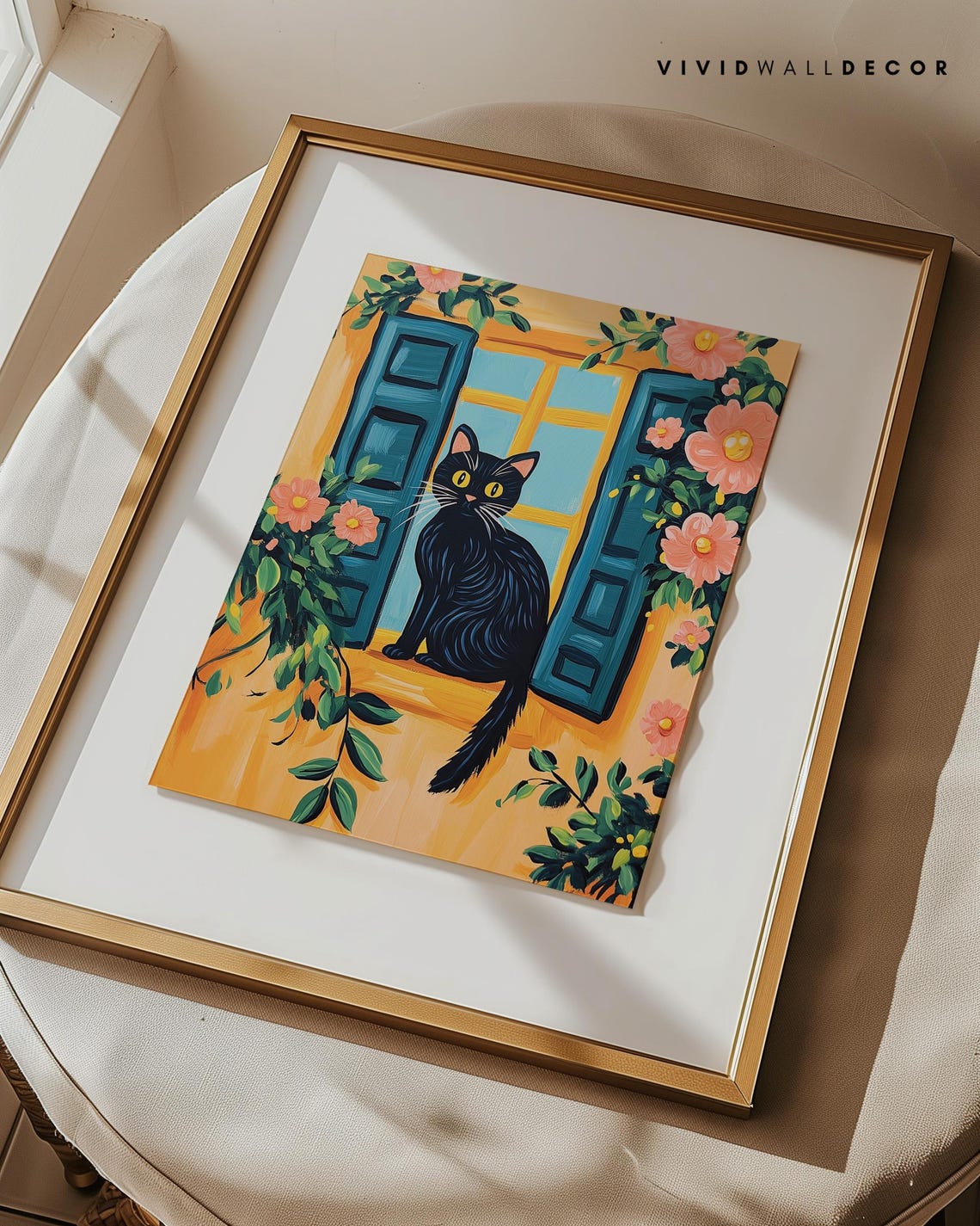 Black Cat on Sunny Mediterranean Window Sill Floral Art Poster - Image 3