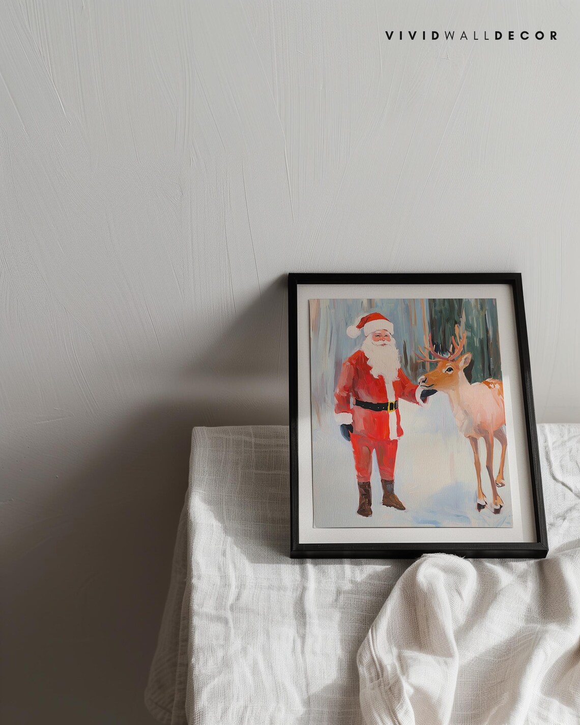 Santa Claus Petting Reindeer In Snowy Winter Wonderland Scene Poster - Image 2