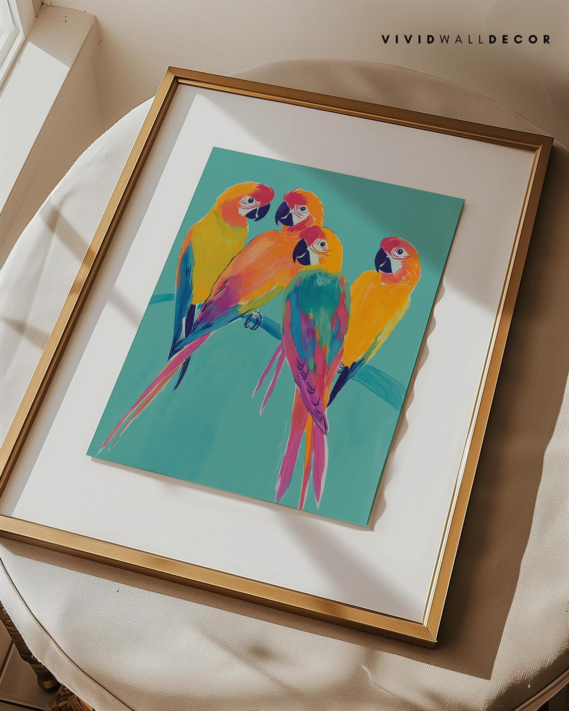Four Rainbow-Colored Parrots Perched on a Teal Background Poster - Image 3