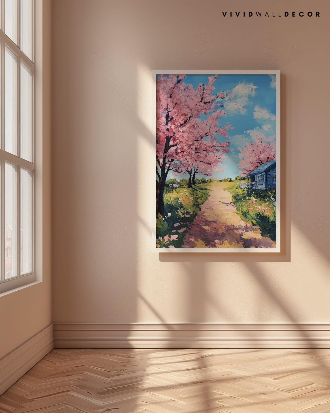 Cherry Blossom Path to Blue Cottage Spring Countryside Poster - Image 4