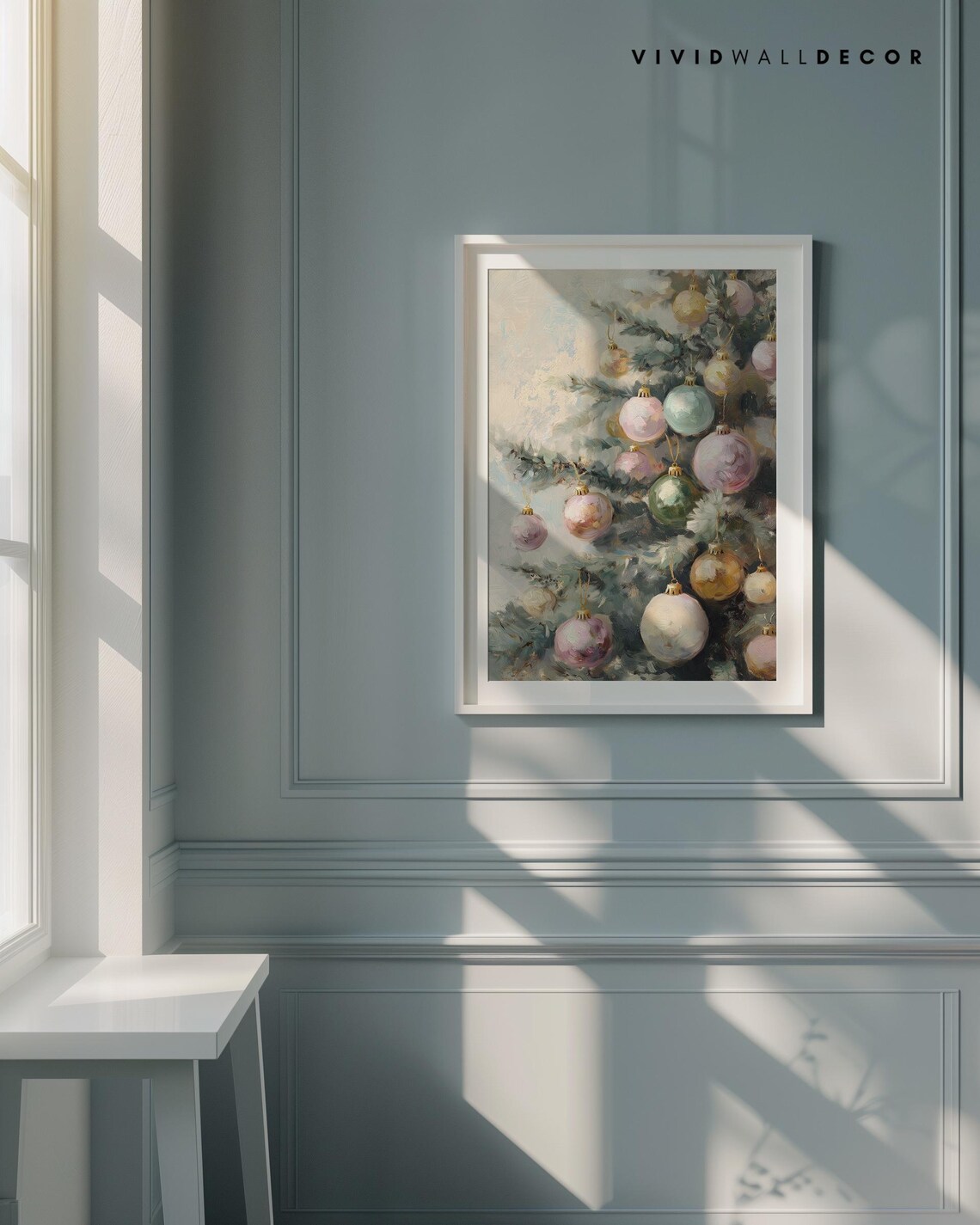Pastel Christmas Baubles On Frosted Pine Branches Art Poster - Image 4