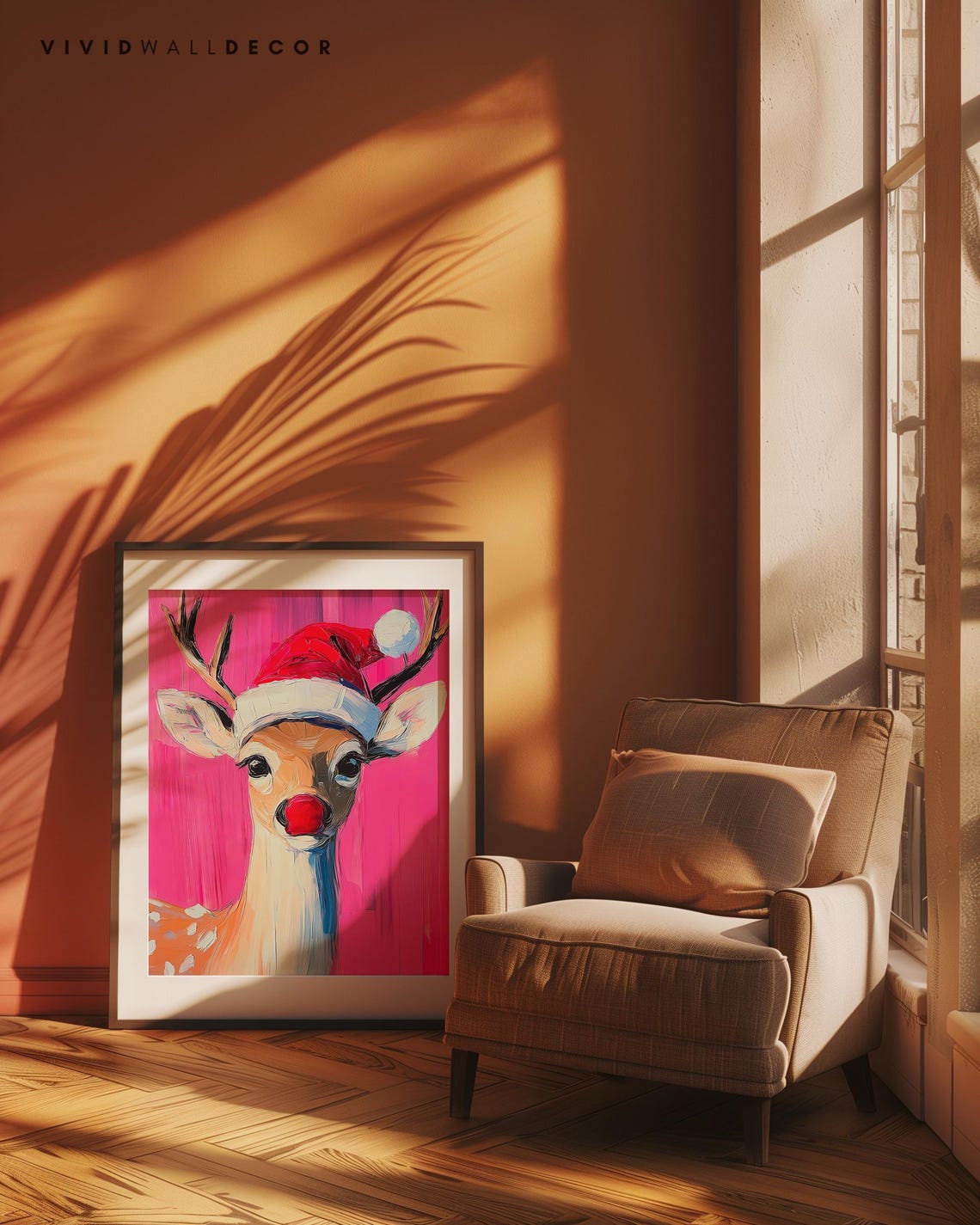 Red Nose Reindeer Wearing Santa Hat on Bold Pink Holiday Poster - Image 4