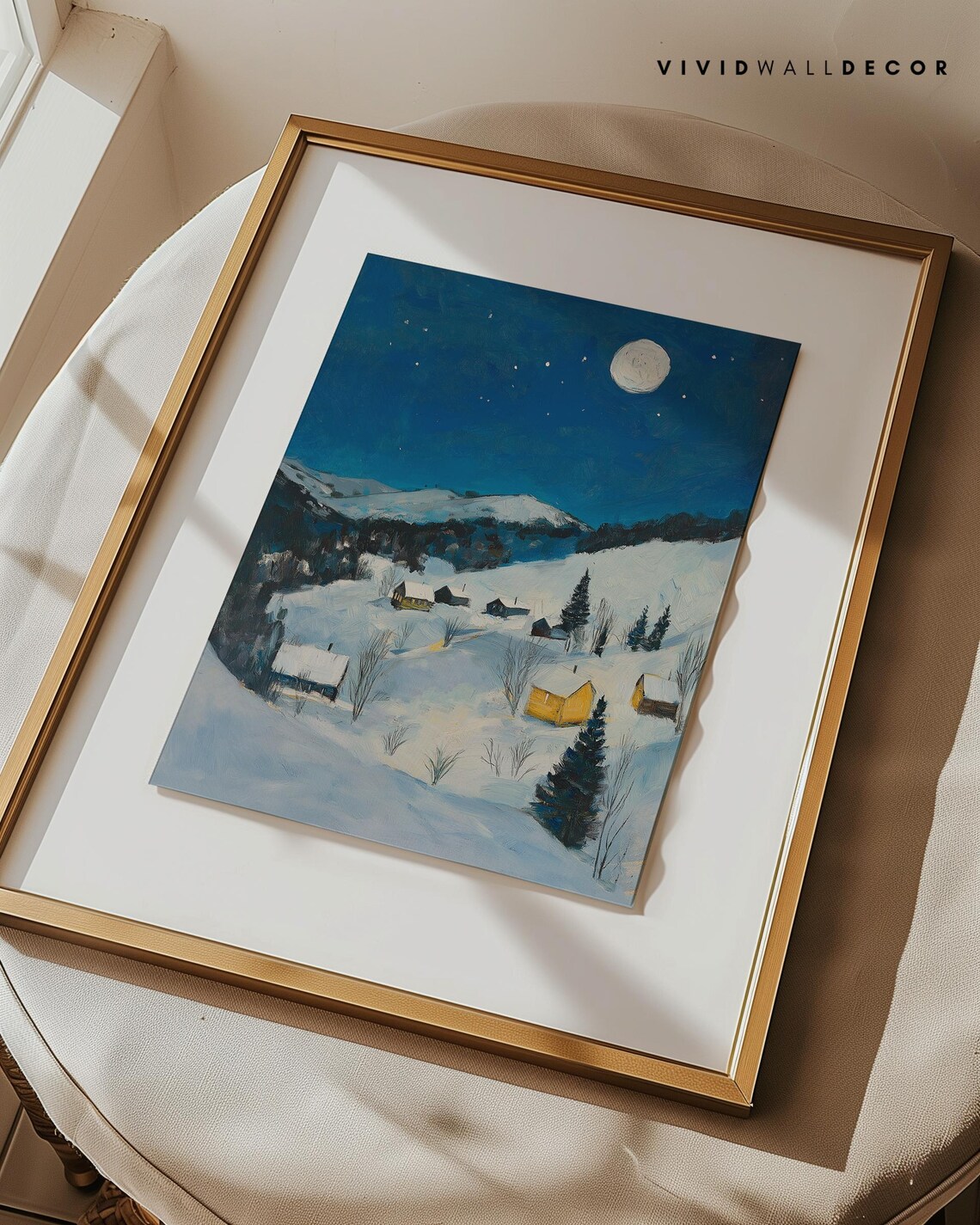 Snowy Mountain Village At Night Under Full Moon Winter Poster - Image 2