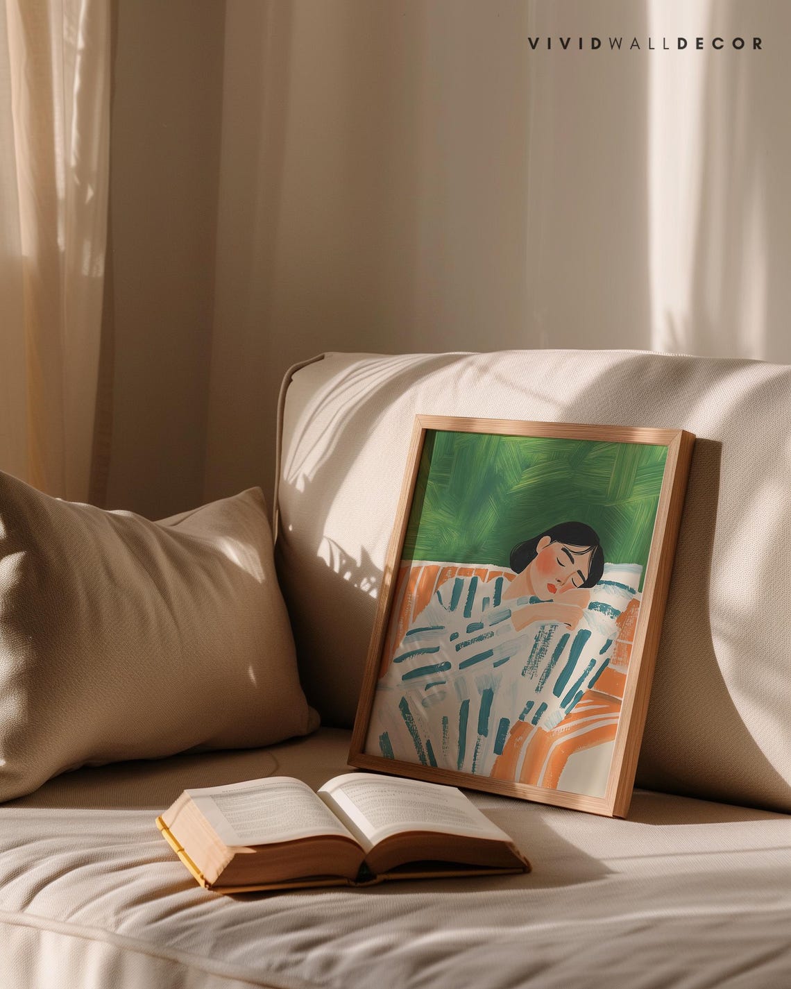 Woman Resting on Striped Sofa Green Minimalist Portrait Poster - Image 3