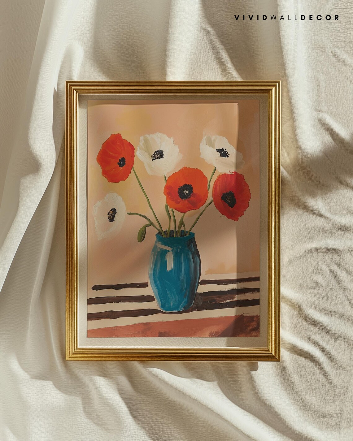 Red and White Poppies in Blue Vase Modern Botanical Art Poster - Image 2