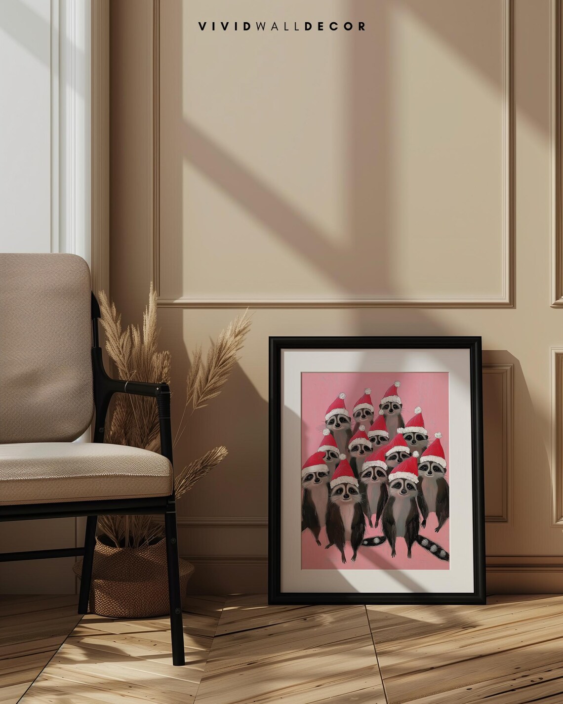 Raccoons Wearing Santa Hats Group On Pink Funny Holiday Poster - Image 2