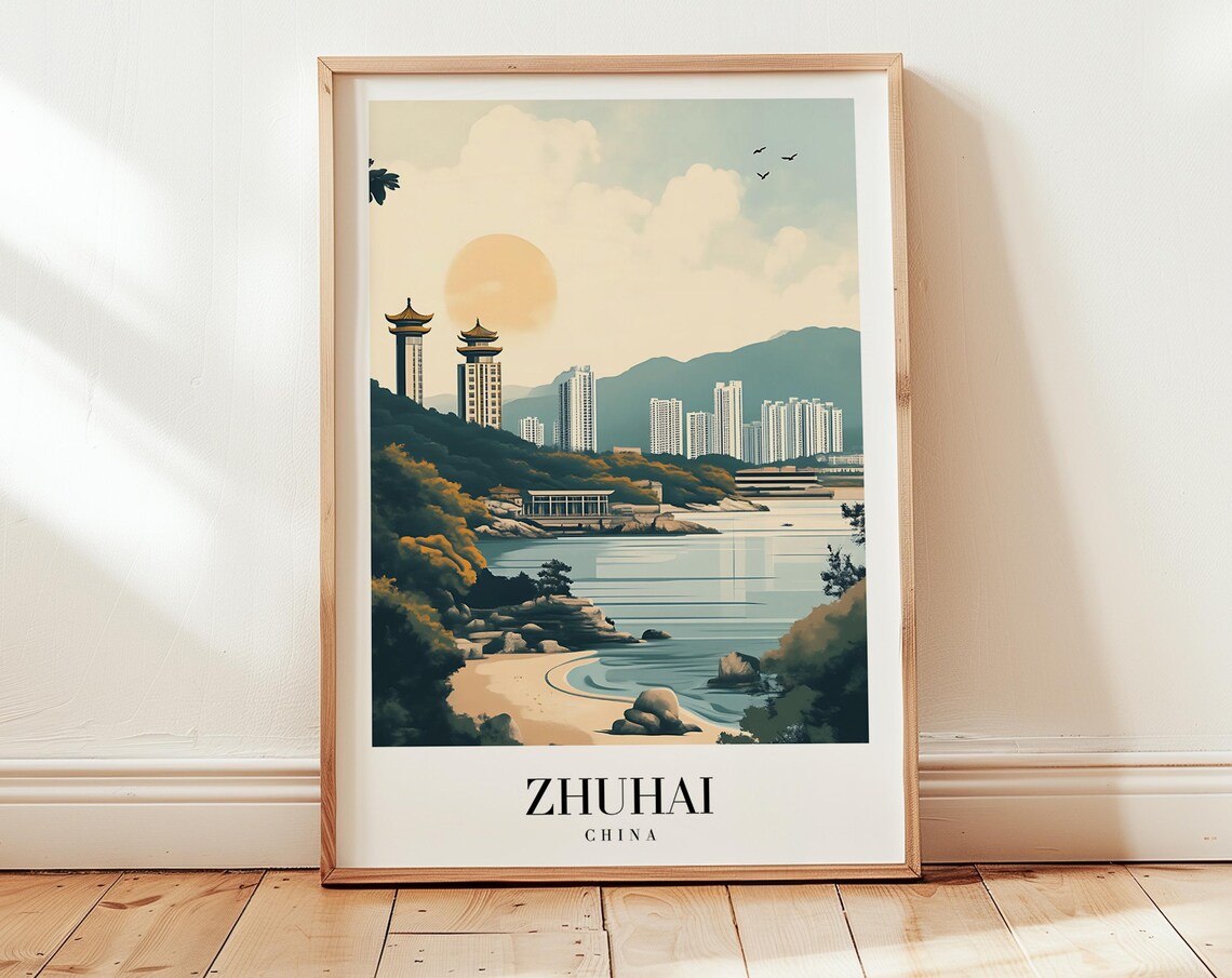 Zhuhai China Coastal Skyline Pagoda Towers Bay Vintage Poster