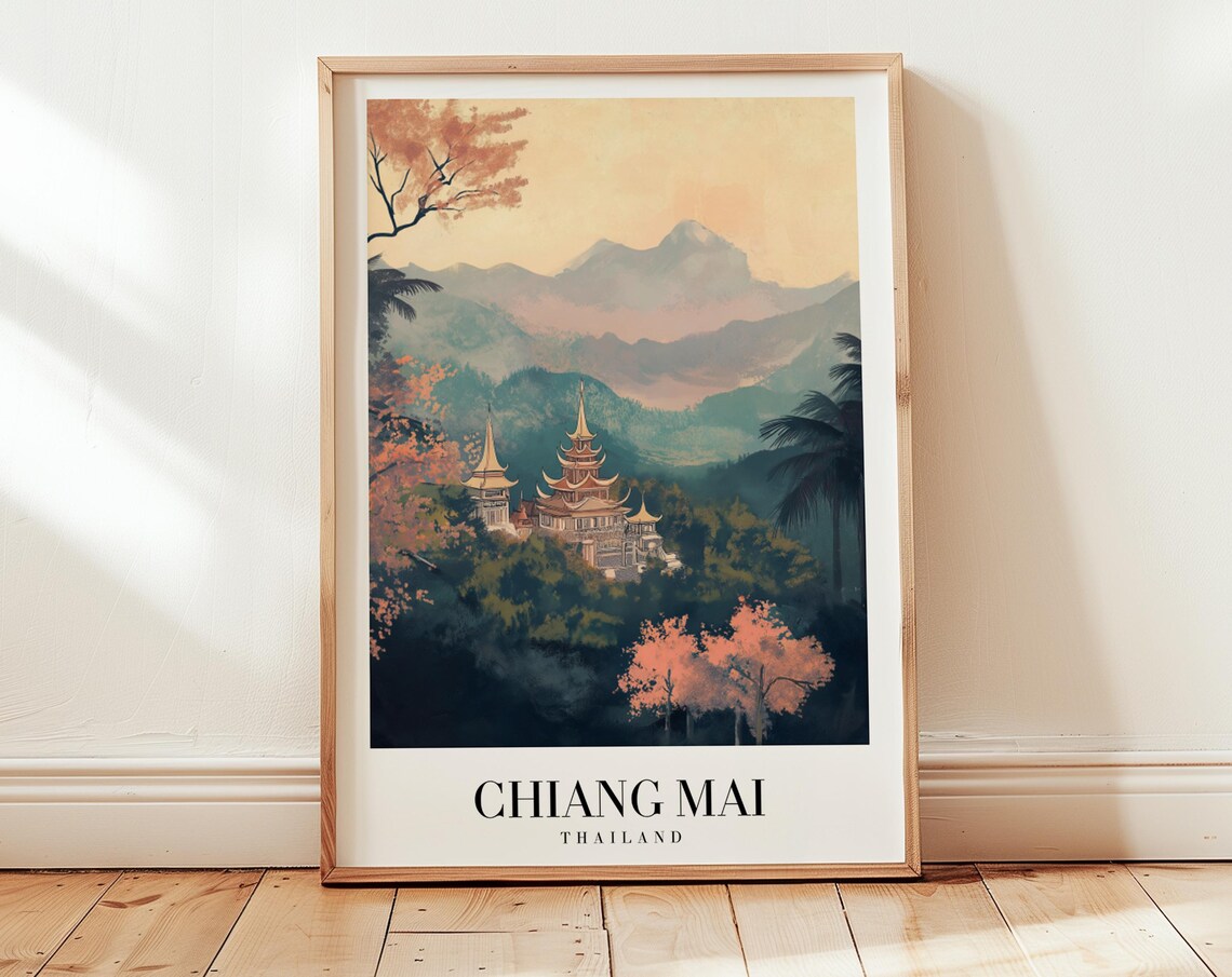 Chiang Mai Thailand Mountain Temple Mist Vintage Travel Poster