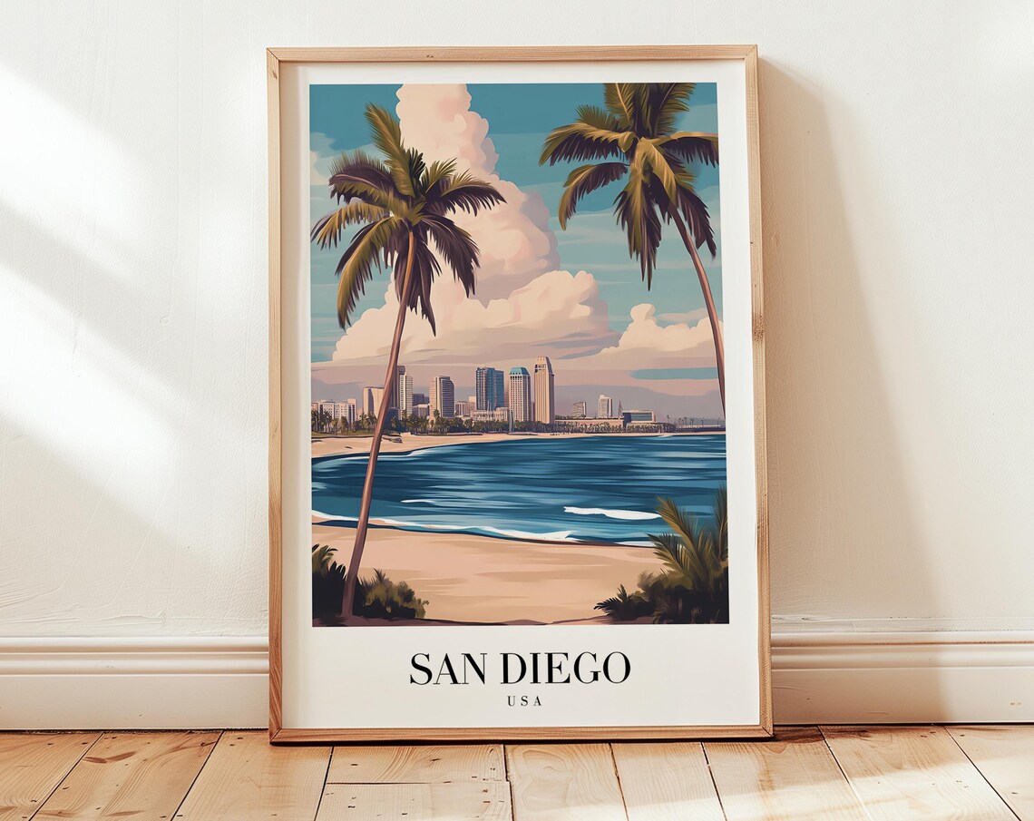 San Diego USA Beach Palms Bay Skyline Summer Vacation Travel Poster