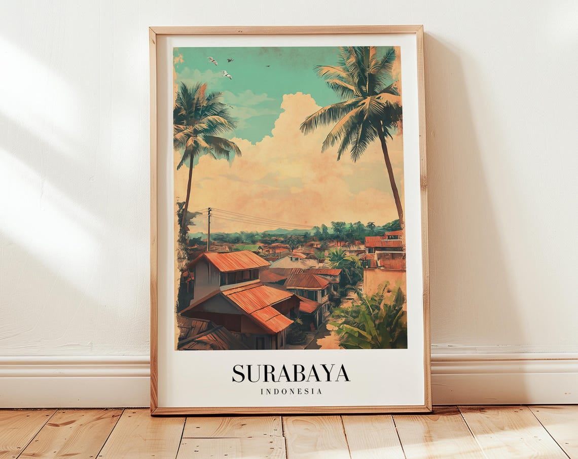 Surabaya Indonesia Golden Sunset Rooftop City Skyline Travel Poster