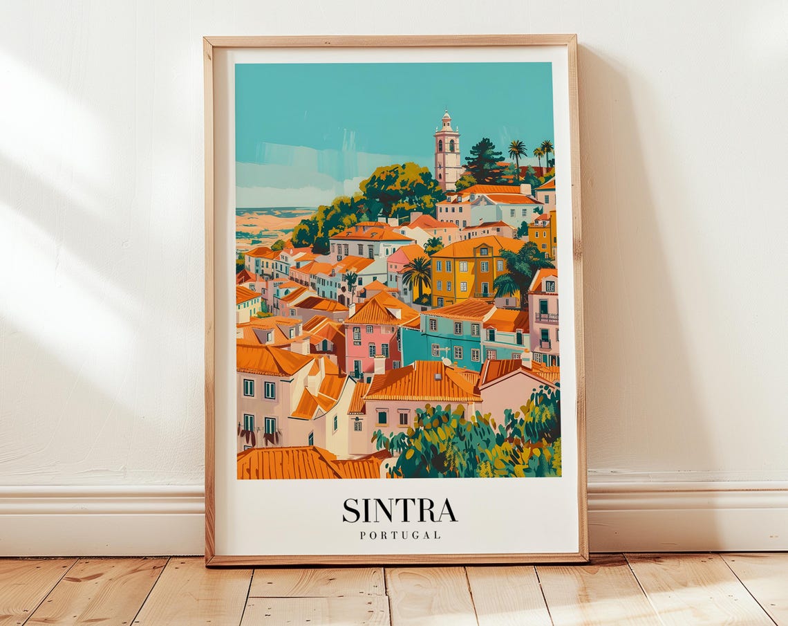 Sintra Portugal Hillside Orange Rooftops Church Tower Travel Poster