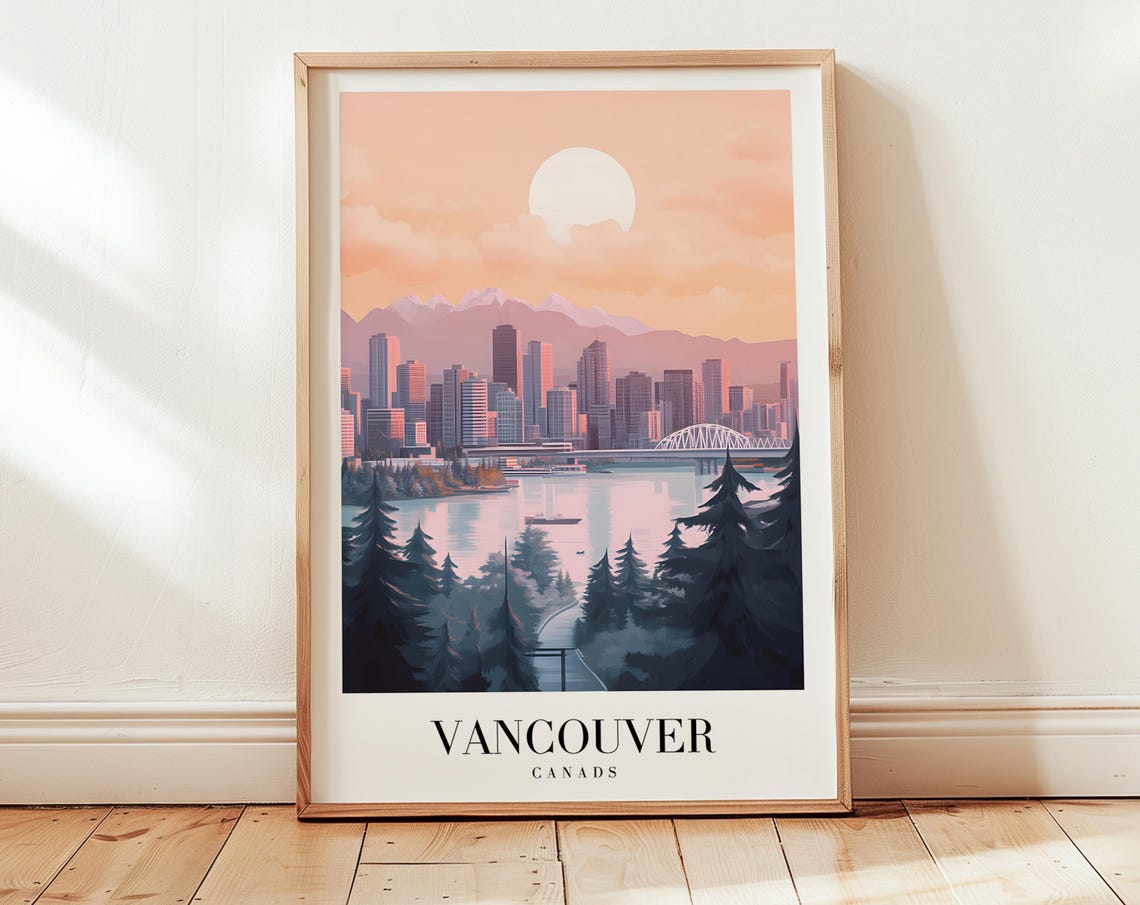 Vancouver Canada Sunset Skyline Mountains Vintage Travel Poster