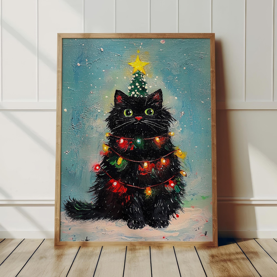 Black Cat Christmas Tree Oil-Painting-Style Art Print
