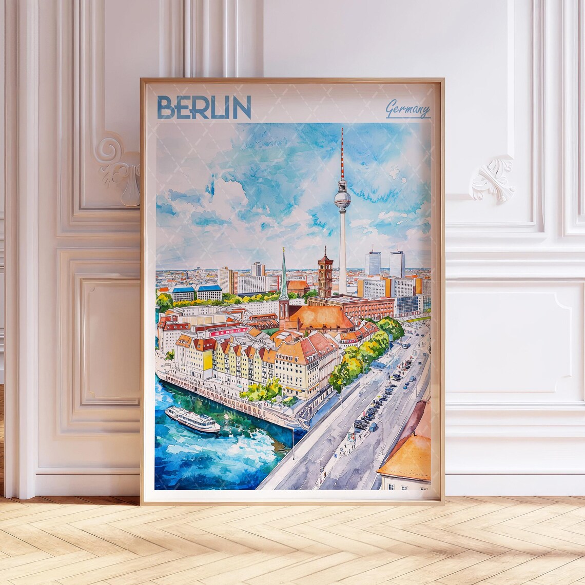 Berlin Germany Watercolor TV Tower Spree River City Travel Poster
