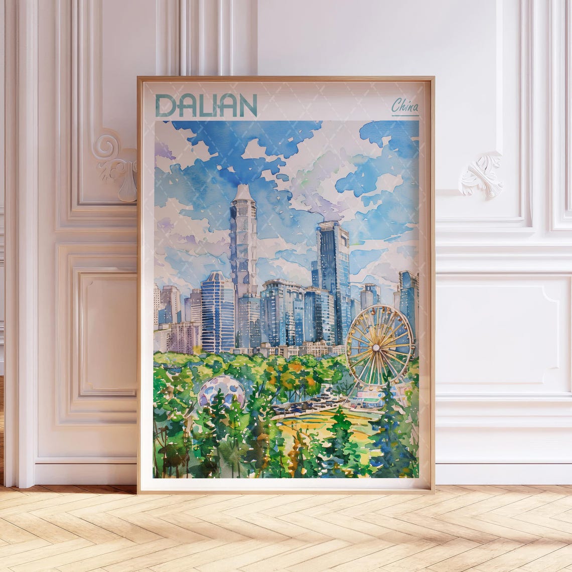 Dalian China Modern Skyline Ferris Wheel Watercolor Travel Poster