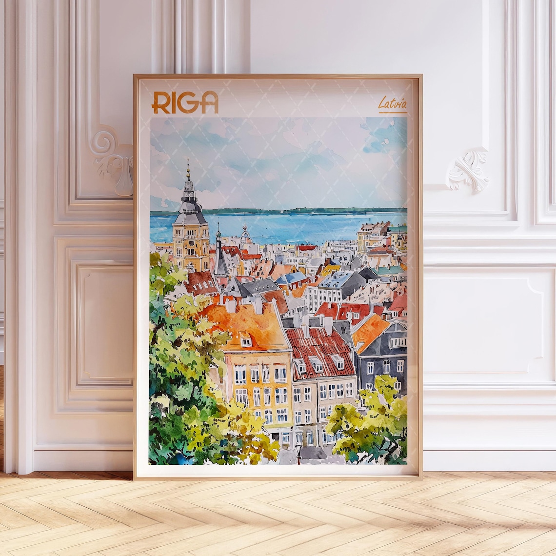 Riga Latvia Old Town Watercolor Travel Poster With Harbor View