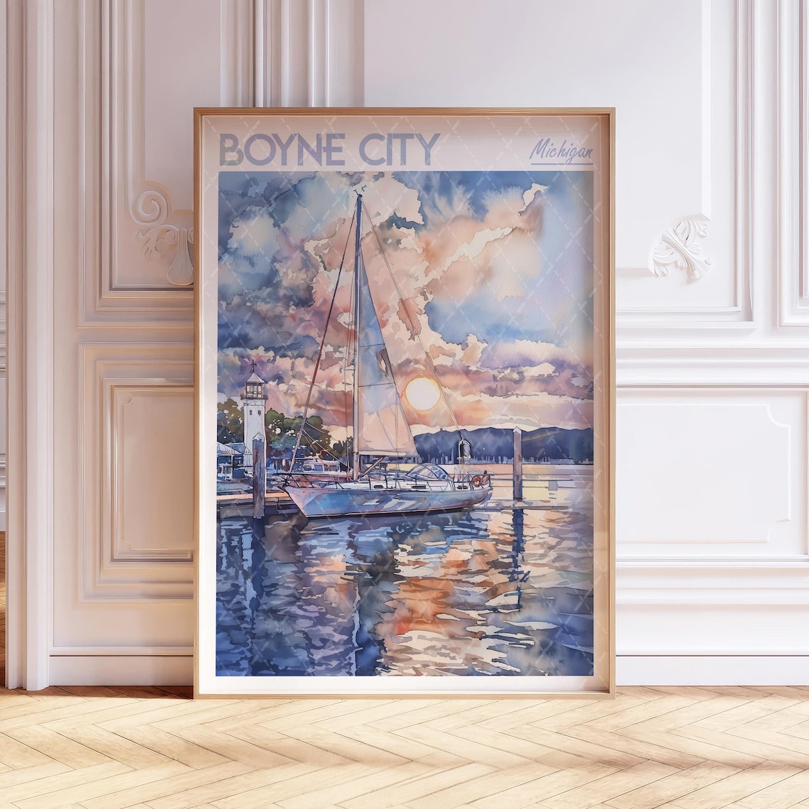 Boyne City Michigan Sailboat Sunset Watercolor Harbor Poster