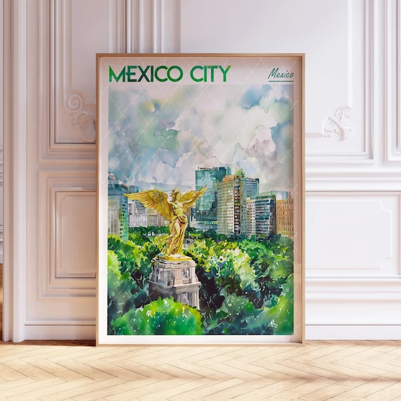 Mexico City Watercolor Art Print Angel Of Independence Poster World Cities Wall Pastel Colors Travel