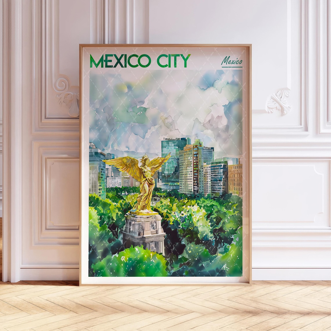 Mexico City Angel Of Independence Watercolor Travel Poster Mexico View