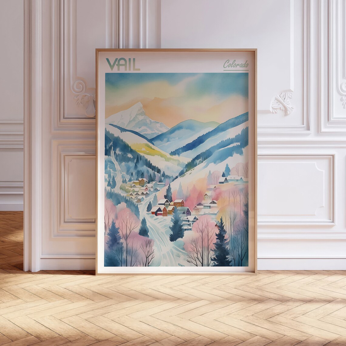 Vail Colorado Watercolor Mountain Poster With Snowy Village Peaks