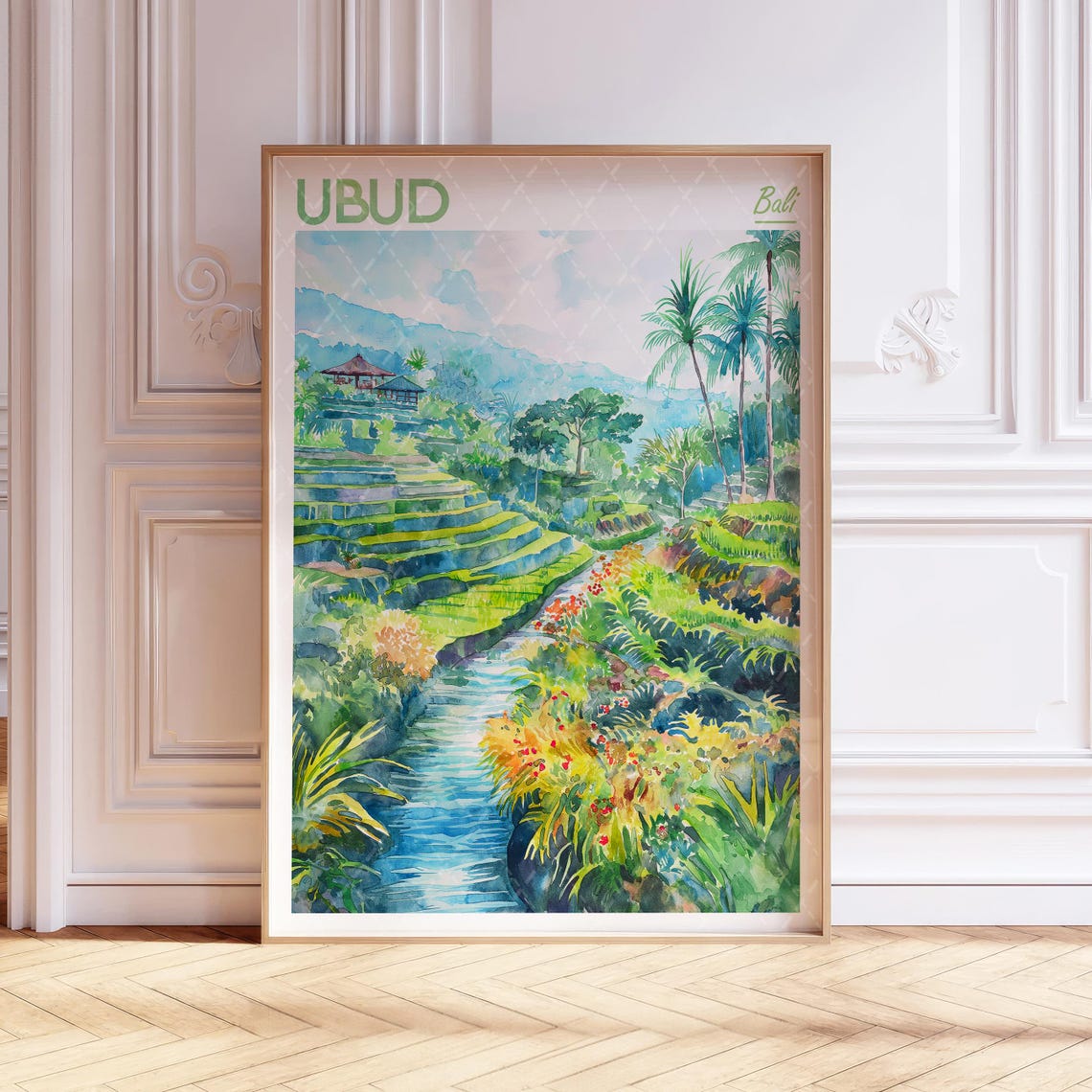 Ubud Bali Rice Terraces Watercolor Travel Poster Tropical Stream Palms