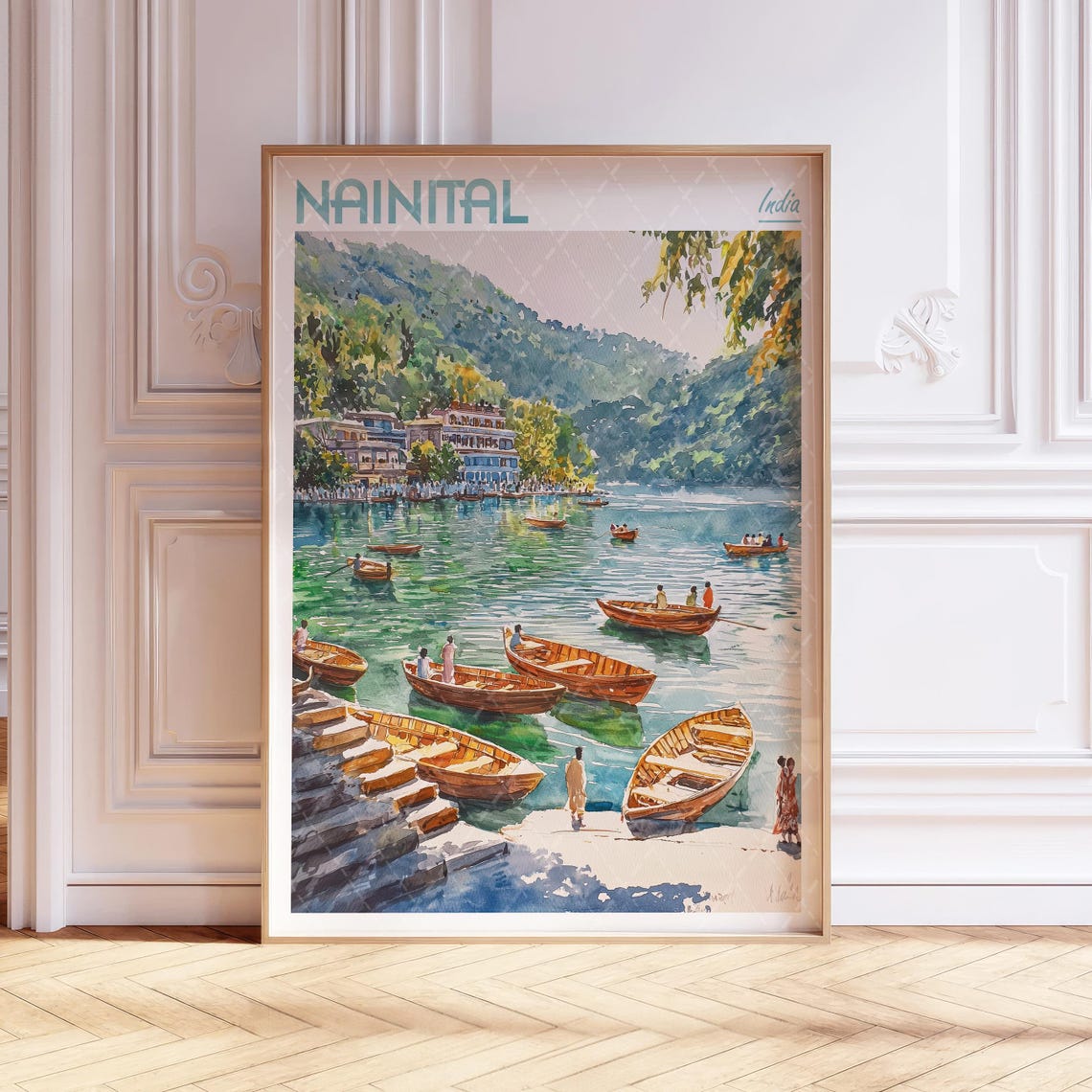 Nainital India Pastel Watercolor Lake and Boats Travel Poster