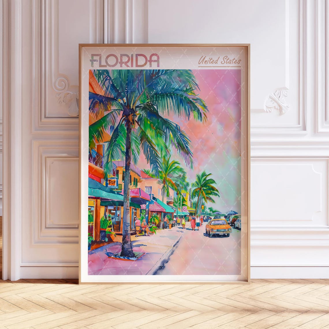 Florida Sunset Street Palm Trees Watercolor Travel Poster Art