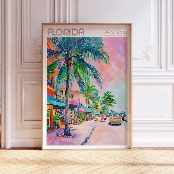 Florida Sunset Street Palm Trees Watercolor Travel Poster Art