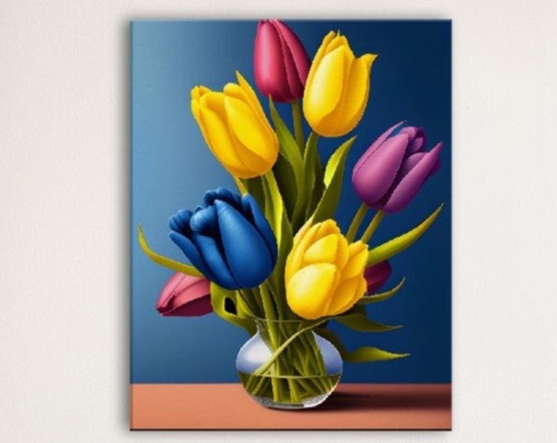 Rainbow Tulip Bouquet Glass Vase Cheerful Spring Floral Art Poster