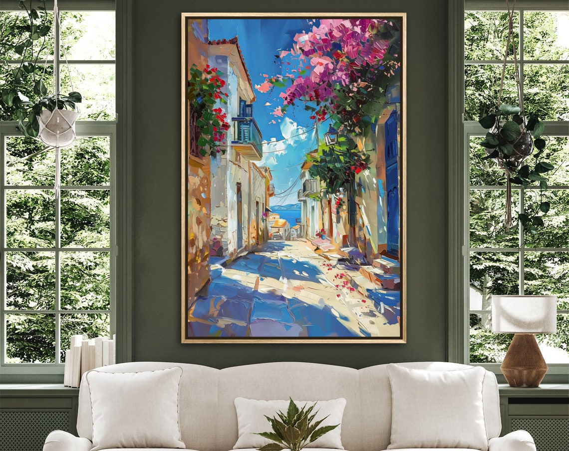 Sunny Greek Street Blooming Bougainvillea Blue Doors Sea View Poster
