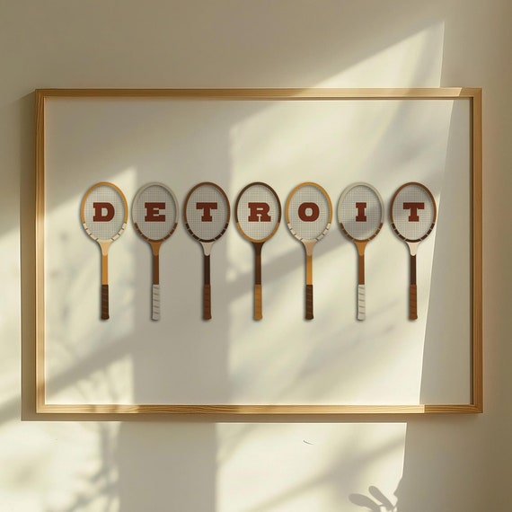 Vintage Detroit Racquet Print White Tennis Wall Art Michigan Retro