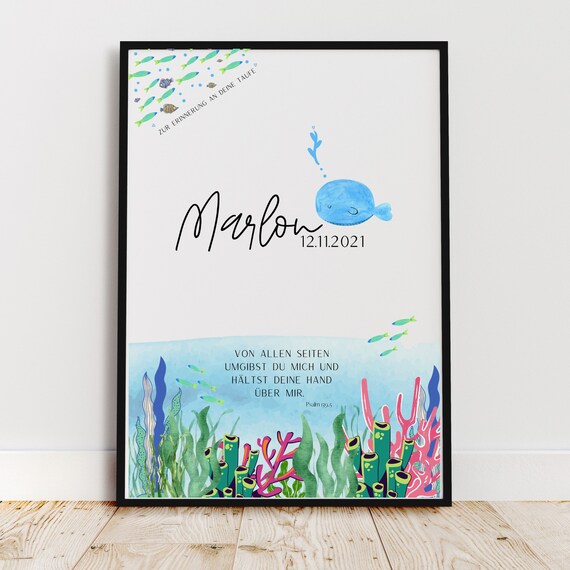 Baptism Picture Baptism Gift Personalized Underwater World Fish Childrens Room Baptism Gift Godchild