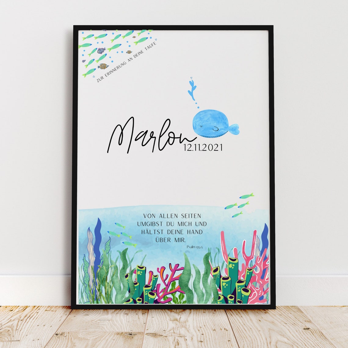 Personalized Baptism Poster with Whale Underwater Scene for Nursery