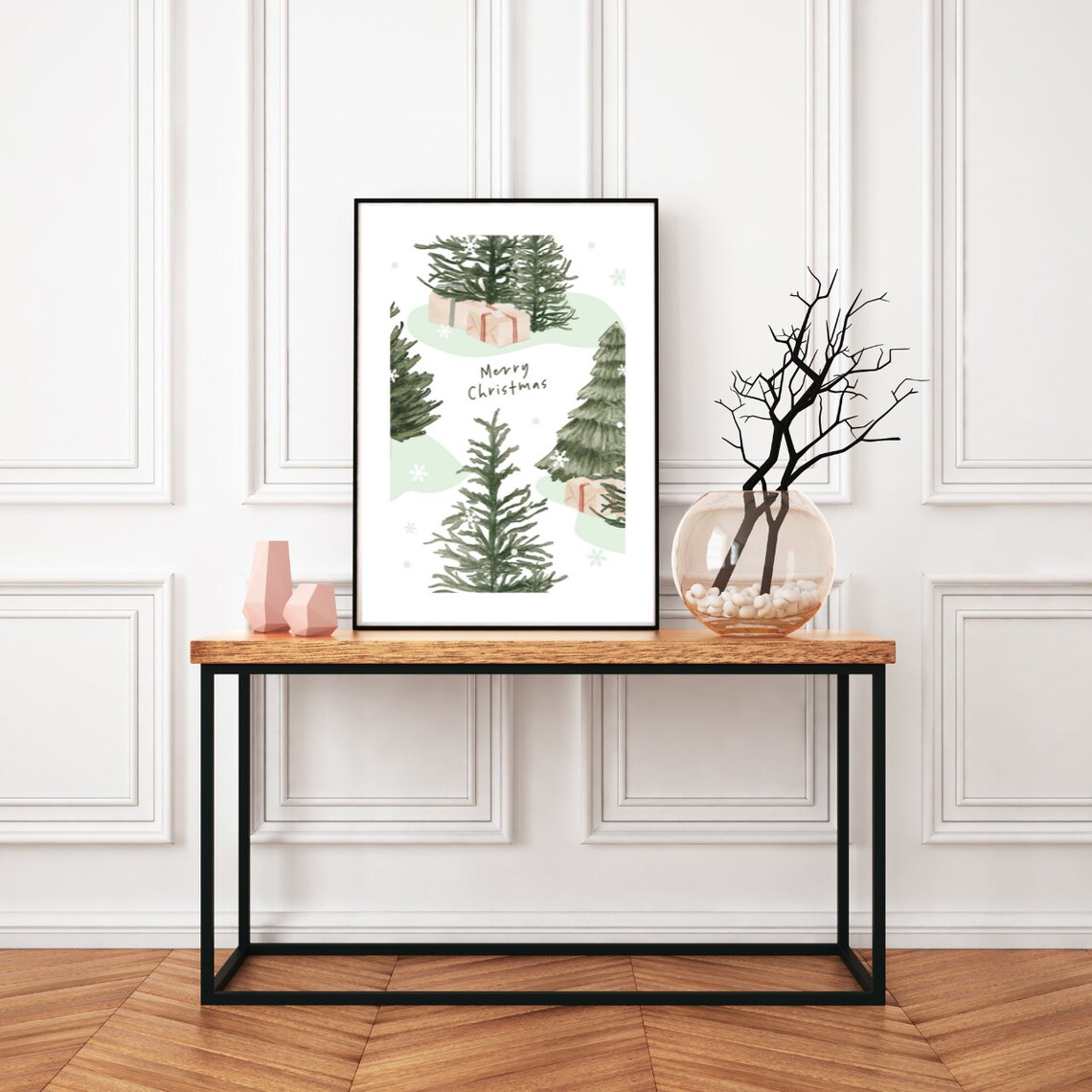 Merry Christmas Watercolor Trees and Gifts Holiday Poster Decor - Image 3