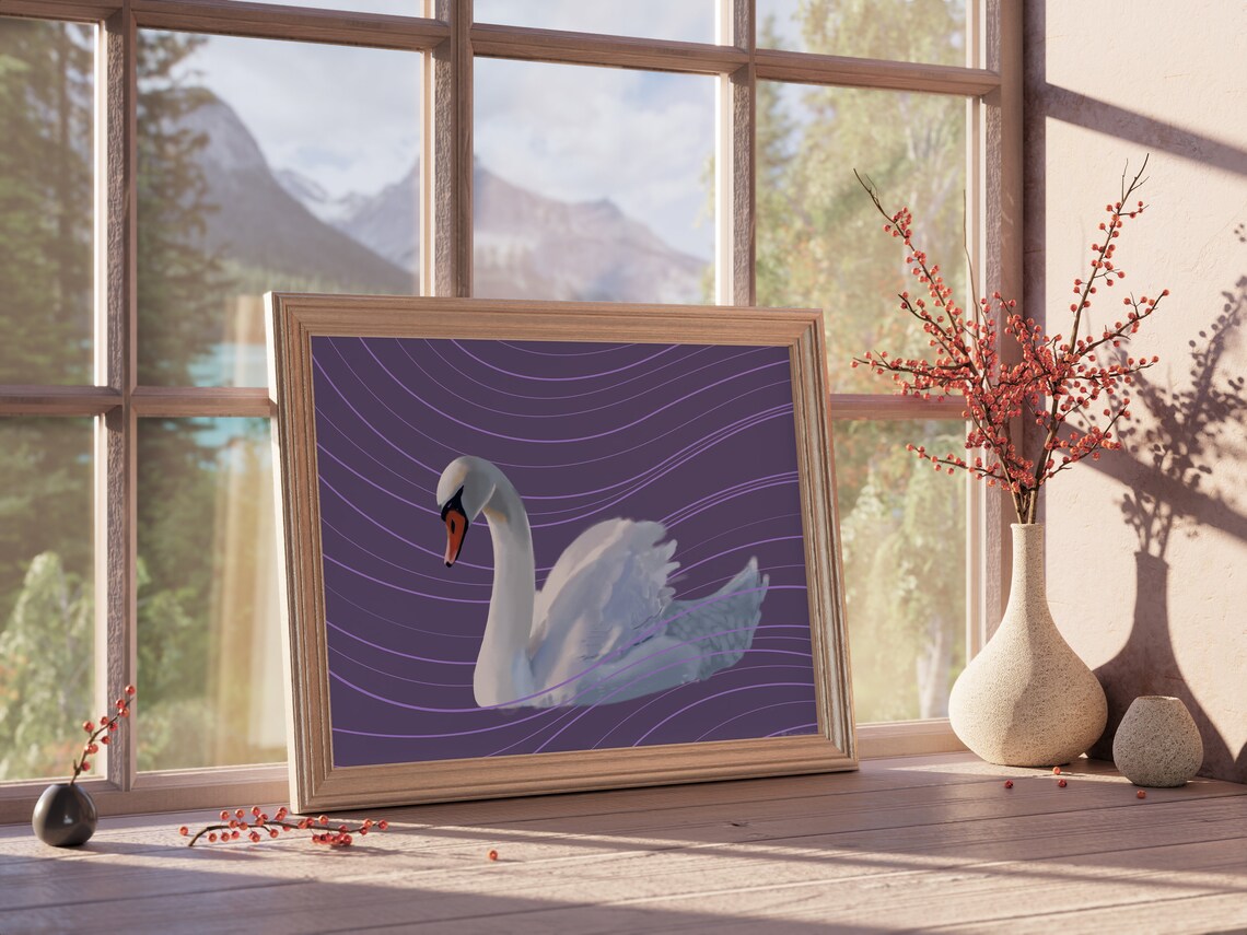 Elegant White Swan on Purple Wavy Line Background Wall Poster - Image 5