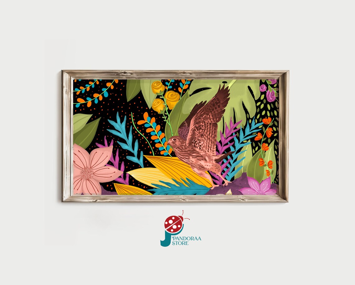 Hawk Among Tropical Flowers Black Background Vibrant Jungle Print