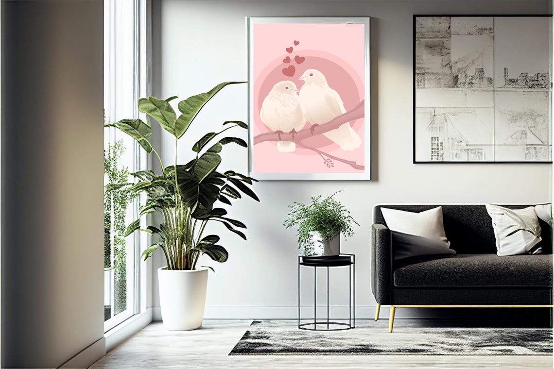White Lovebirds Pair on Pink Background with Floating Hearts Poster - Image 4