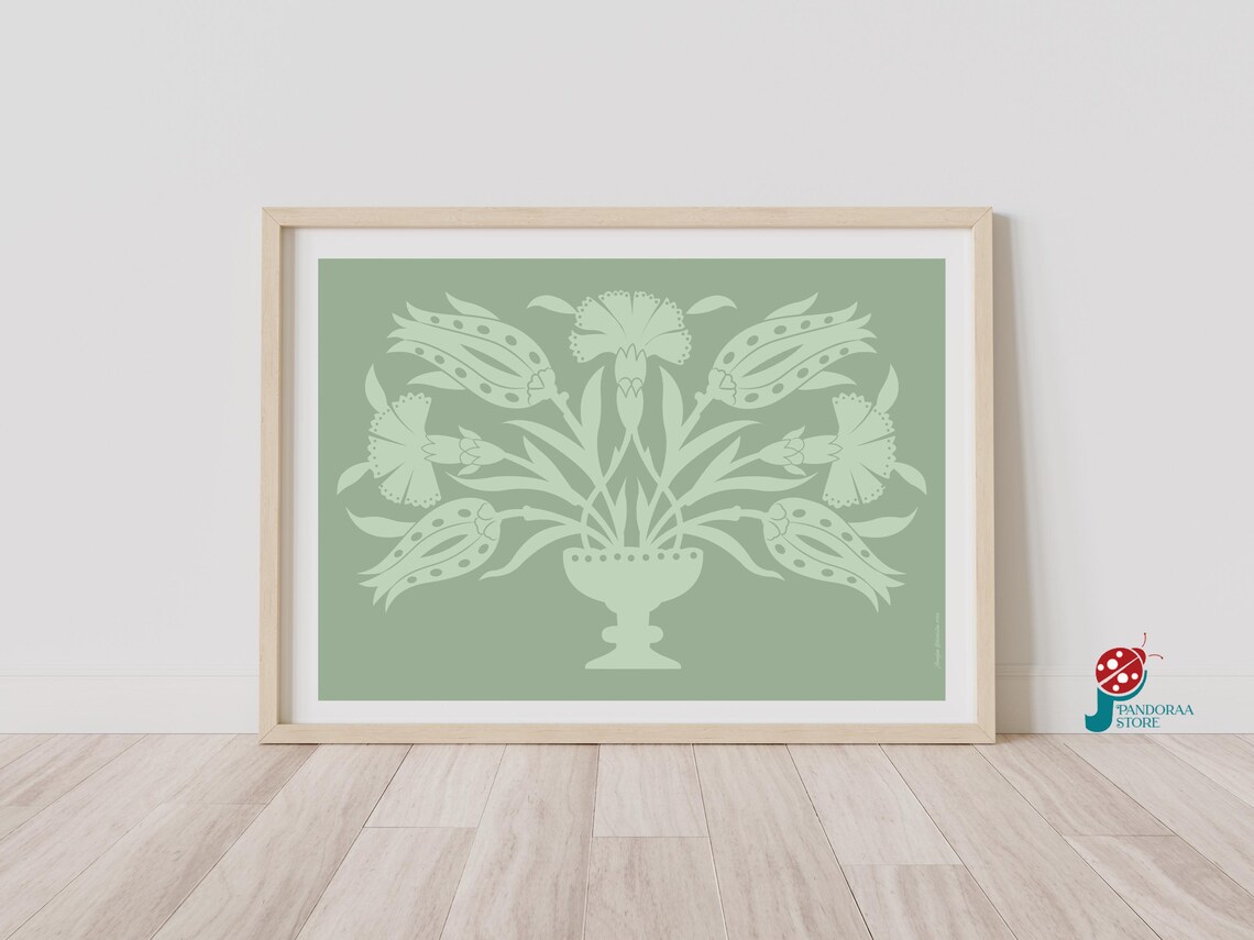 Sage Green Tone Floral Bouquet Urn Minimalist Folk Wall Art Print