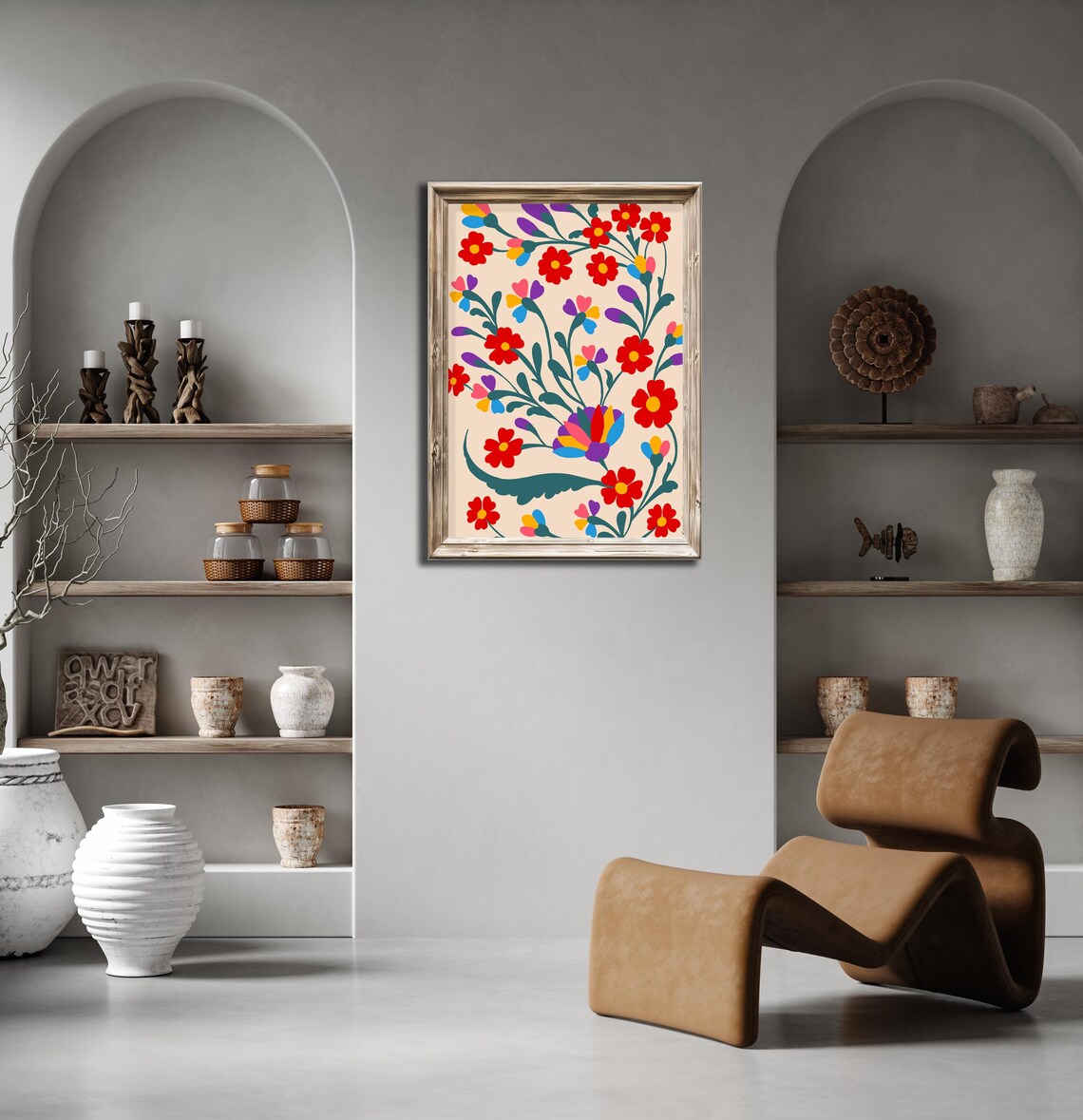 Vibrant Colorful Folk Floral Pattern Red Blossoms Beige Wall Poster - Image 4
