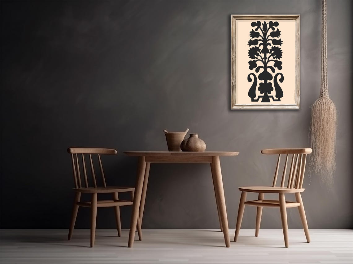Black Floral Silhouette Folk Art Vase Modern Beige Minimalist Poster - Image 2
