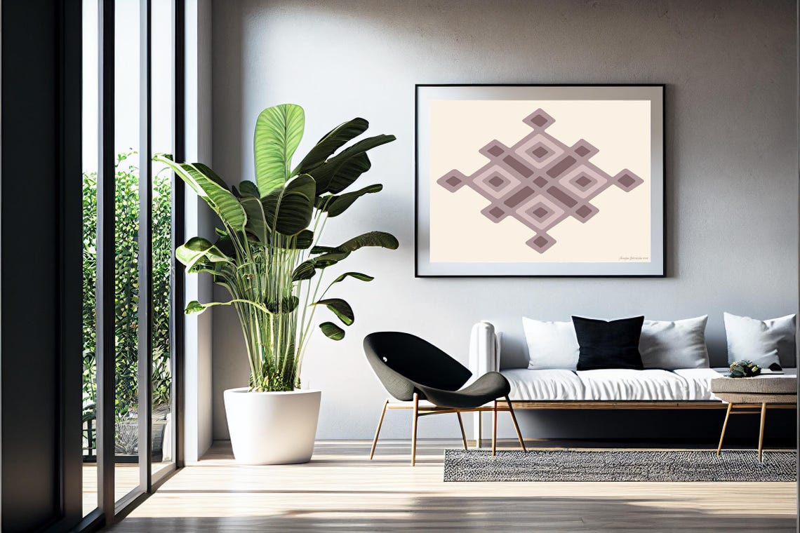 Geometric Boho Diamond Motif Mauve Kilim Pattern Wall Art Print - Image 4