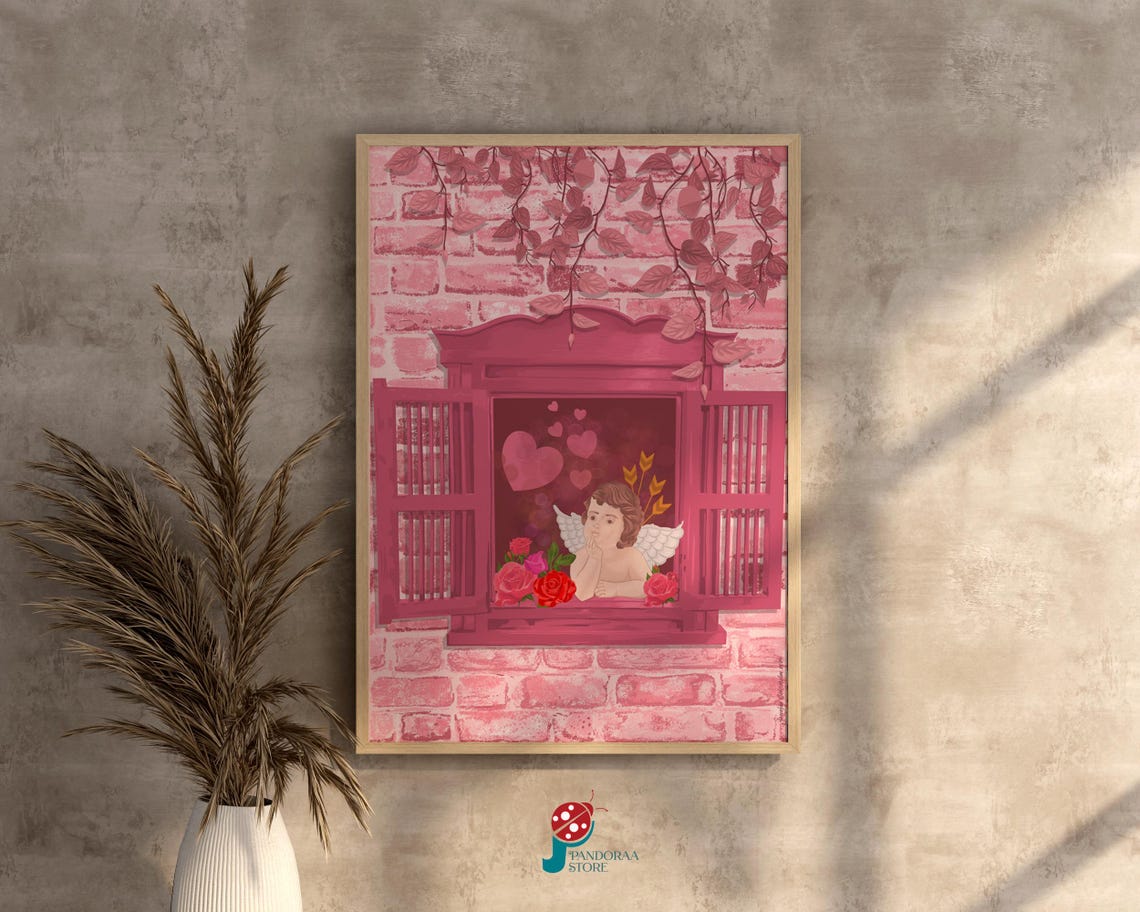 Pink Romantic Cupid Angel Window with Roses and Hearts Poster