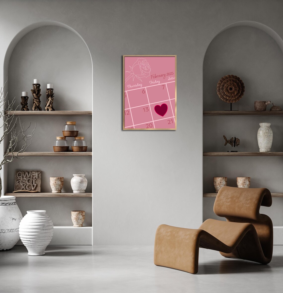 Pink February 2025 Calendar Rose Sketch Heart Marked on 14th Poster - Image 3